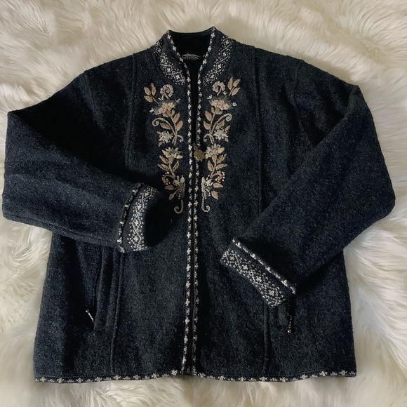 Icelandic Design 100% Wool Full Zip Fair Isle Floral Embroidered Jacket Womens M - Picture 2 of 13